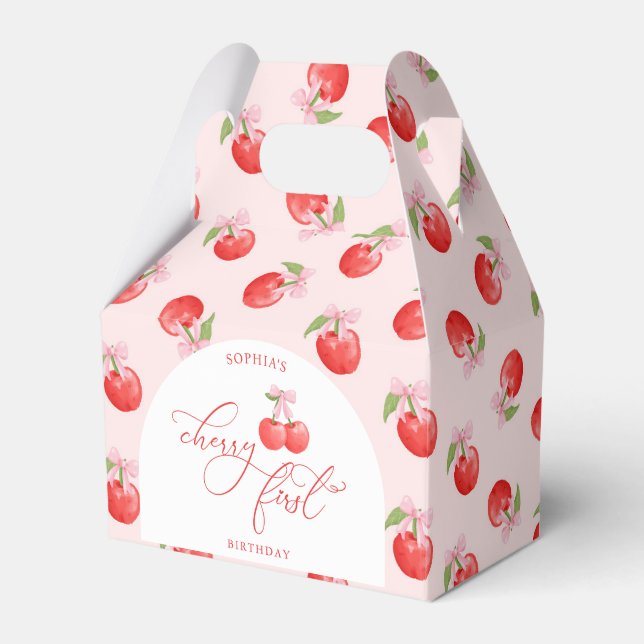 Watercolor Bow Cherry First 1st Birthday Favor Boxes (Front Side)