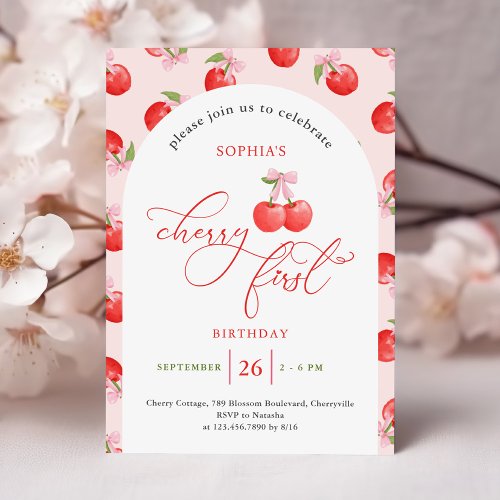 Watercolor Bow Cherry First 1st Birthday Invitation