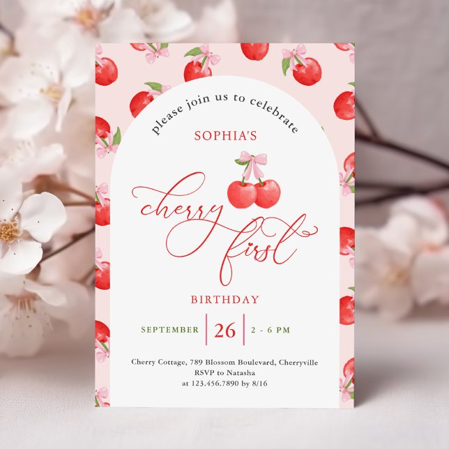 Watercolor Bow Cherry First 1st Birthday Invitation (Creator Uploaded)