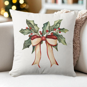 Watercolor Bow Christmas Holly Modern Rustic Throw Pillow