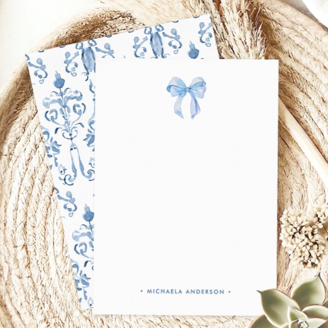 Watercolor Bow & Damask Custom Name Personalized Note Card (Creator Uploaded)