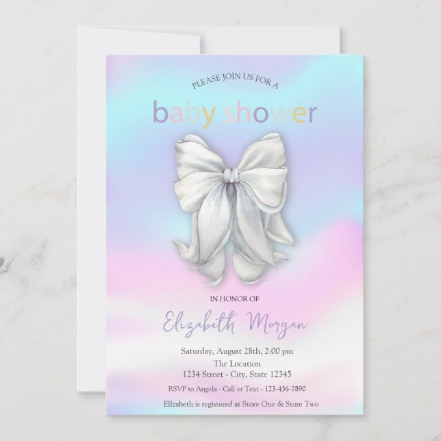 Watercolor Bow Holographic Baby Shower  Invitation (Front)