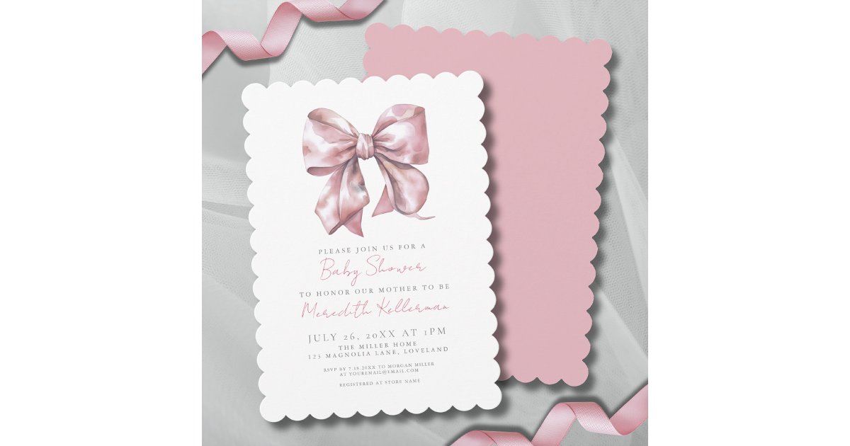 Watercolor Bow Pink Baby Shower Invitation | Zazzle