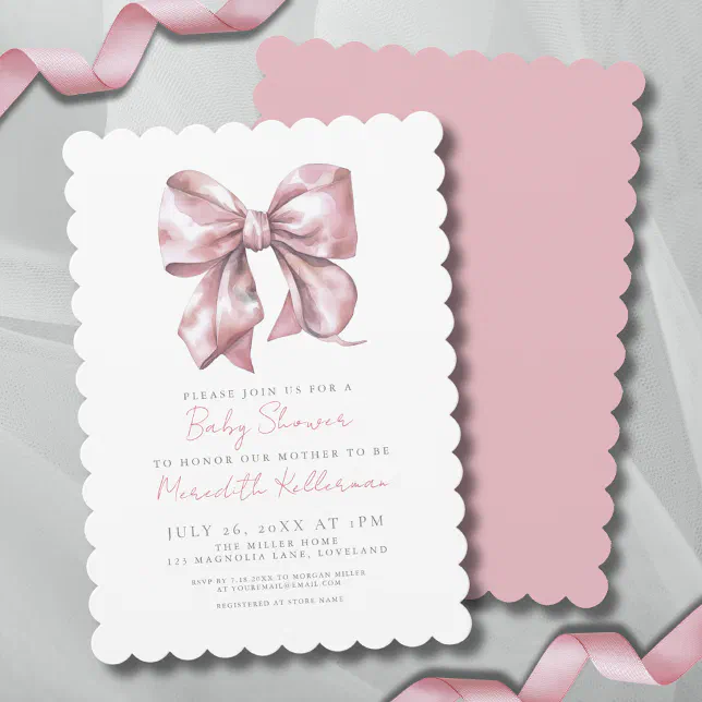 Watercolor Bow Pink Baby Shower Invitation | Zazzle