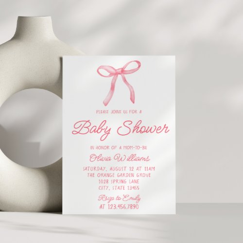 Watercolor Bow Pink Hand Written Baby Girl Shower Invitation