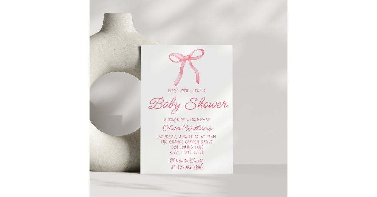 Watercolor Bow Pink Hand Written Baby Girl Shower Invitation | Zazzle