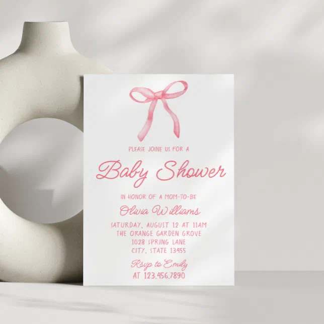 Watercolor Bow Pink Hand Written Baby Girl Shower Invitation | Zazzle