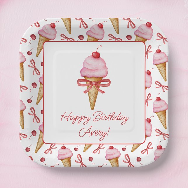Watercolor Bow Pink Ice Cream Cone Party Paper Plates (Creator Uploaded)