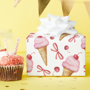 Watercolor Bow Pink Ice Cream Cone Wrapping Paper