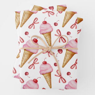 Watercolor Bow Pink Ice Cream Cone Wrapping Paper Sheets