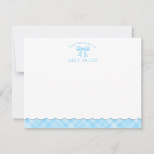 Watercolor Bow Preppy Blue Plaid Boy Baby Shower Note Card