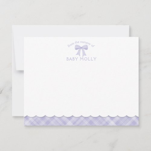 Watercolor Bow Preppy Lavender Purple Plaid Baby Note Card