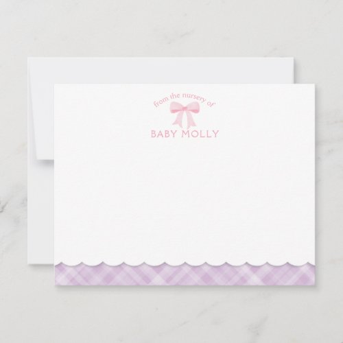 Watercolor Bow Preppy Pink Lavender Plaid New Baby Note Card