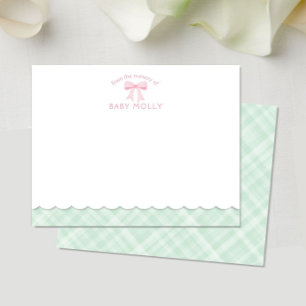 Watercolor Bow Preppy Pink Mint Plaid New Baby Note Card