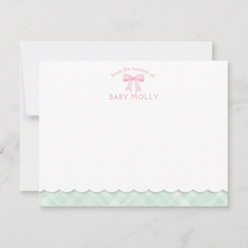 Watercolor Bow Preppy Pink Mint Plaid New Baby Note Card
