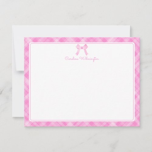 Watercolor Bow Preppy Pink Plaid Baby Note Card
