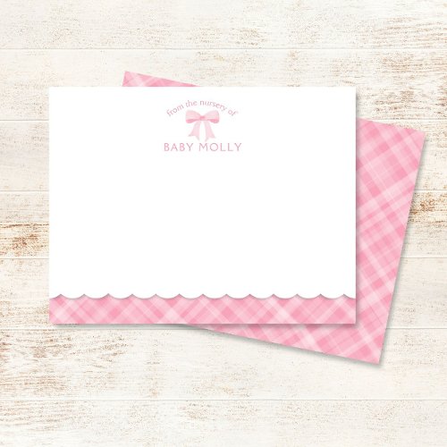 Watercolor Bow Preppy Pink Plaid Baby Note Card
