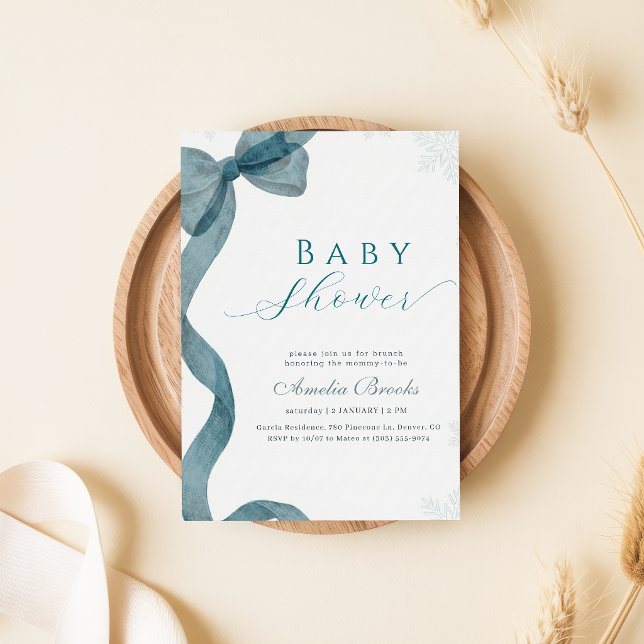 Watercolor Bow Snow Snowflake Baby Shower Invitation (Creator Uploaded)