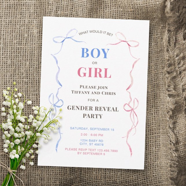 Watercolor Bows Baby Gender Reveal Party Invitation (Creator Uploaded)