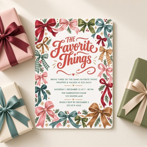 Watercolor Bows Christmas Favorite Things Party Invitation