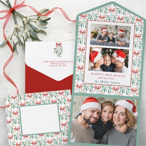 Watercolor Bows, Ribbons & Mistletoe Three Photo All In One Invitation