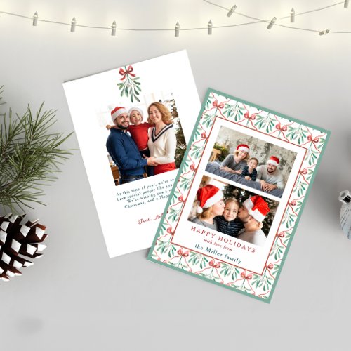 Watercolor Bows, Ribbons & Mistletoe Two Photo Holiday Card