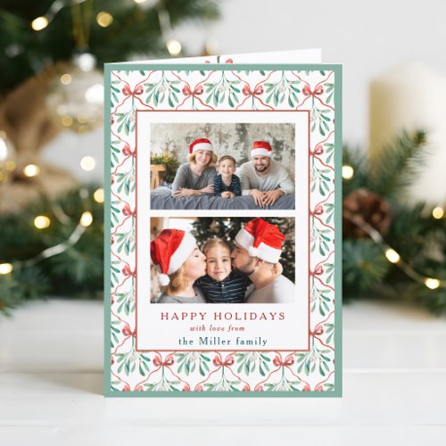 Watercolor Bows, Ribbons & Mistletoe Two Photo Holiday Card