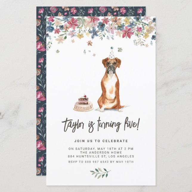 Watercolor Boxer Dog Birthday Party Invitation (Front/Back)