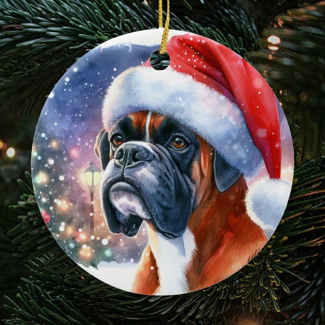 Watercolor Boxer Dog Santa Hat Christmas Ceramic Ornament (Creator Uploaded)