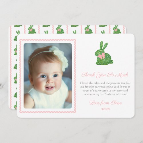 Watercolor Boxwood Spring Bunny Pink Bow Picture Thank You Card