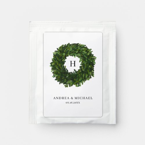 Watercolor Boxwood Wreath Monogram Wedding Tea Bag Drink Mix