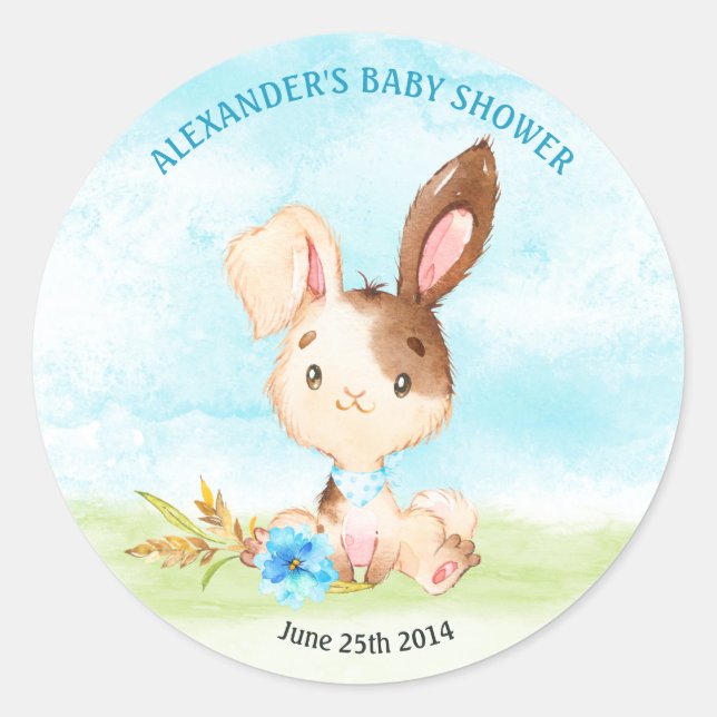 Watercolor Boy Bunny Baby Shower Farm Classic Round Sticker (Front)