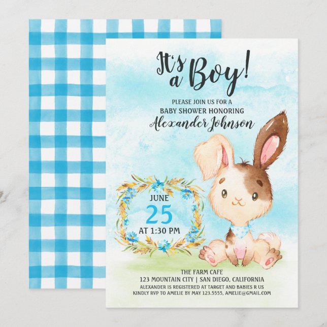 Watercolor Boy Bunny Baby Shower Farm Invitation (Front/Back)