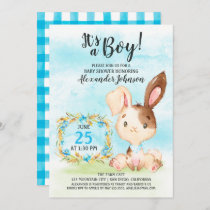 Watercolor Boy Bunny Baby Shower Farm Invitation