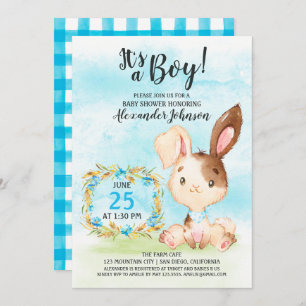 Watercolor Boy Bunny Baby Shower Farm Invitation