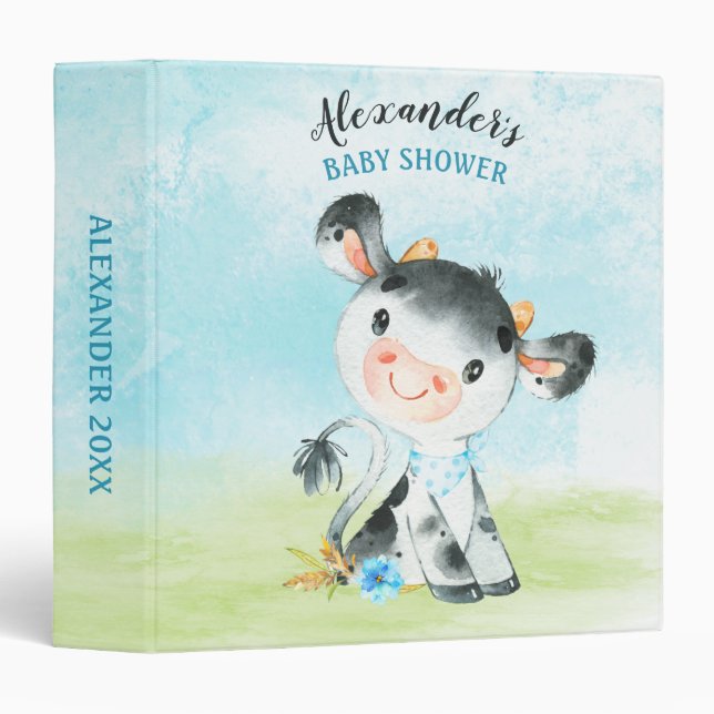 Watercolor Boy Cow Baby Shower Farm 3 Ring Binder (Front/Spine)