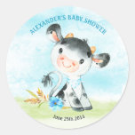 Watercolor Boy Cow Baby Shower Farm Classic Round Sticker at Zazzle