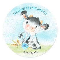 Watercolor Boy Cow Baby Shower Farm Classic Round Sticker