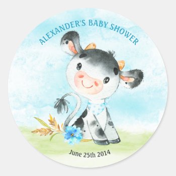 Watercolor Boy Cow Baby Shower Farm Classic Round Sticker by SpecialOccasionCards at Zazzle