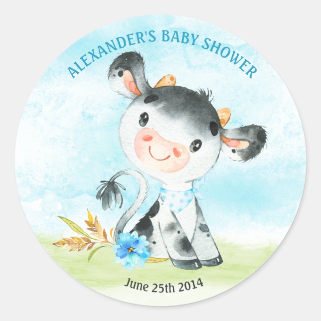 Watercolor Boy Cow Baby Shower Farm Classic Round Sticker (Front)