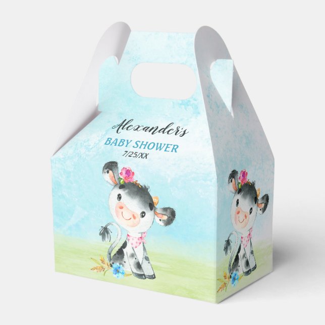 Watercolor Boy Cow Baby Shower Farm Favor Boxes (Front Side)