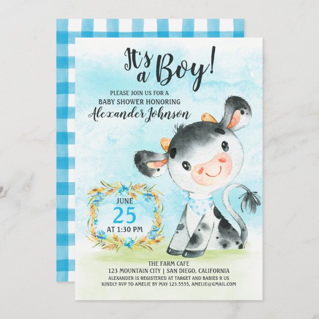 Watercolor Boy Cow Baby Shower Farm Invitation (Front/Back)
