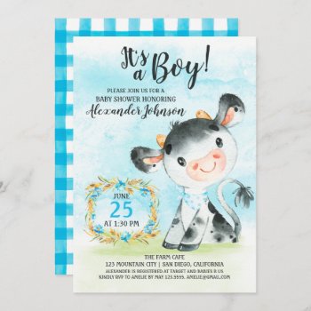 Watercolor Boy Cow Baby Shower Farm Invitation by SpecialOccasionCards at Zazzle