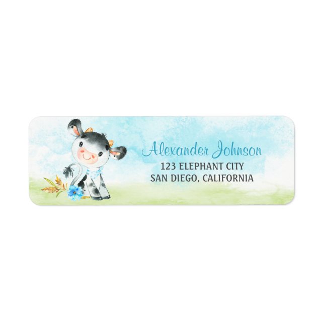 Watercolor Boy Cow Baby Shower Farm Label (Front)