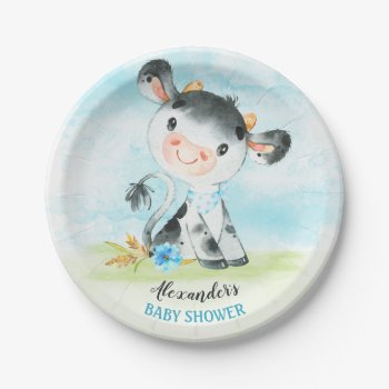 Watercolor Boy Cow Baby Shower Farm Paper Plates by SpecialOccasionCards at Zazzle