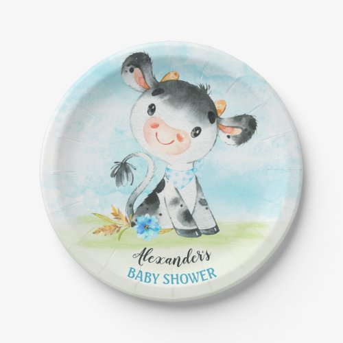 Watercolor Boy Cow Baby Shower Farm Paper Plates