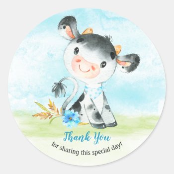 Watercolor Boy Cow Baby Shower Farm Thank You Classic Round Sticker by SpecialOccasionCards at Zazzle