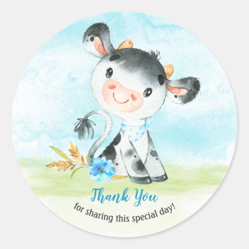 Watercolor Boy Cow Baby Shower Farm Thank You Classic Round Sticker