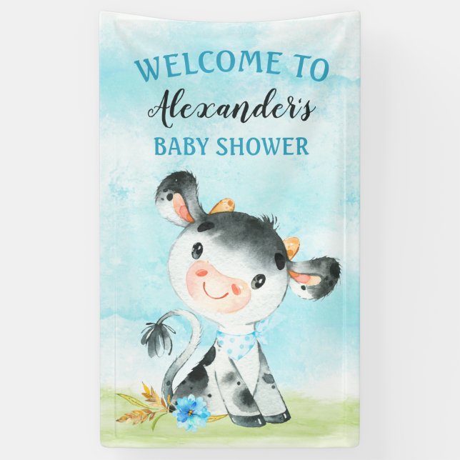 Watercolor Boy Cow Baby Shower FarmBaby Showe Banner (Vertical)