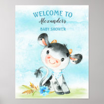 Watercolor Boy Cow Baby Shower FarmBaby Shower Poster